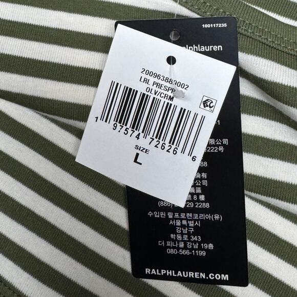 Lauren Ralph Lauren Striped Stretch Cotton Crewneck Tee Olive and White Large - Picture 6 of 6